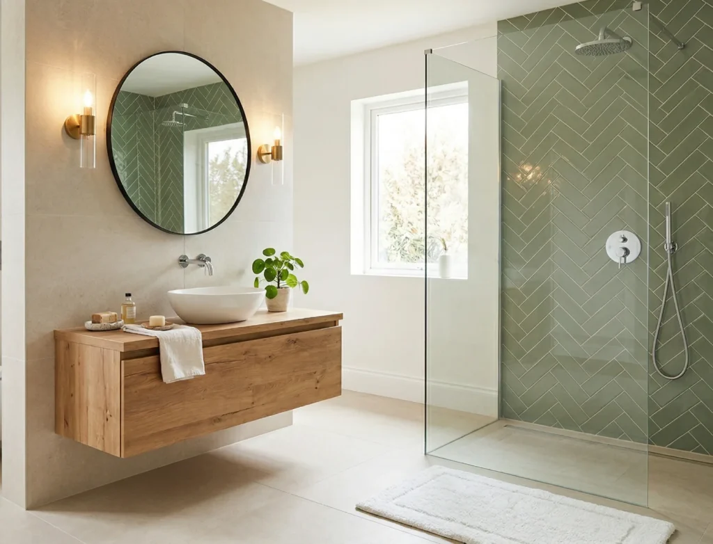 Tonos neutros + Combinación de azulejos para duchas en contraste